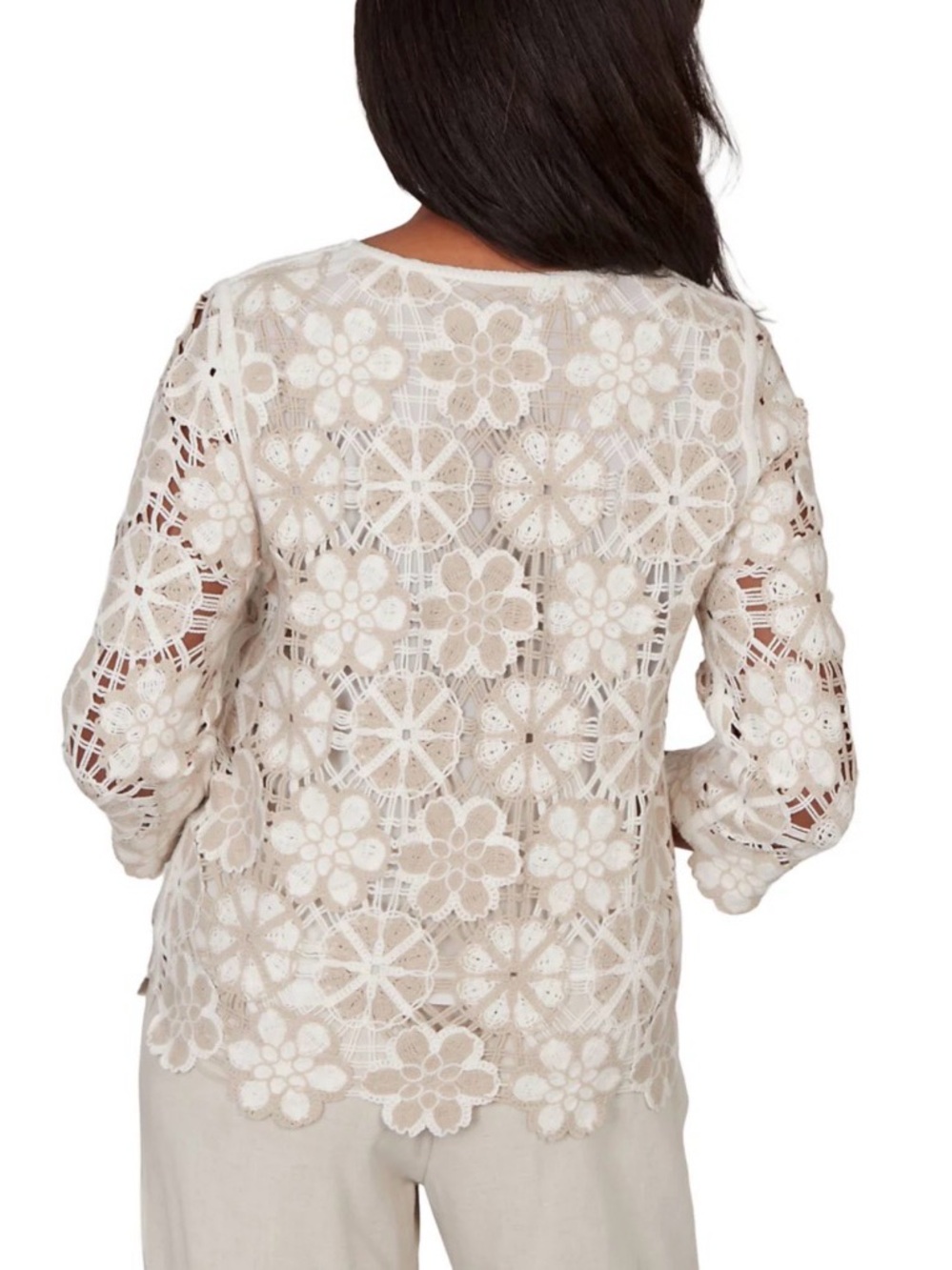 NWT Alfred Dunner Floral Crochet 3/4 Sleeve Top Cottagecore Boho Large - Picture 2 of 8